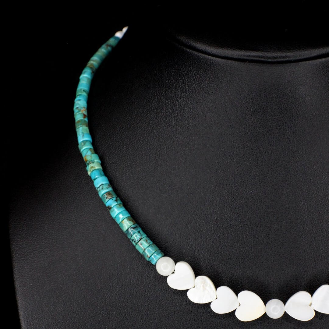 Mother of Pearl Heart & Tapered Turquoise 16" Choker
