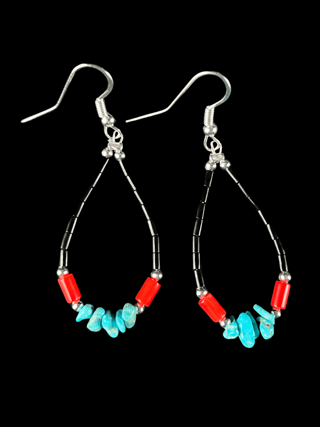 Blackjet, Red Coral, & Turquoise Earrings