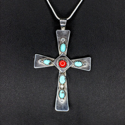 Turquoise & Red Coral Cross