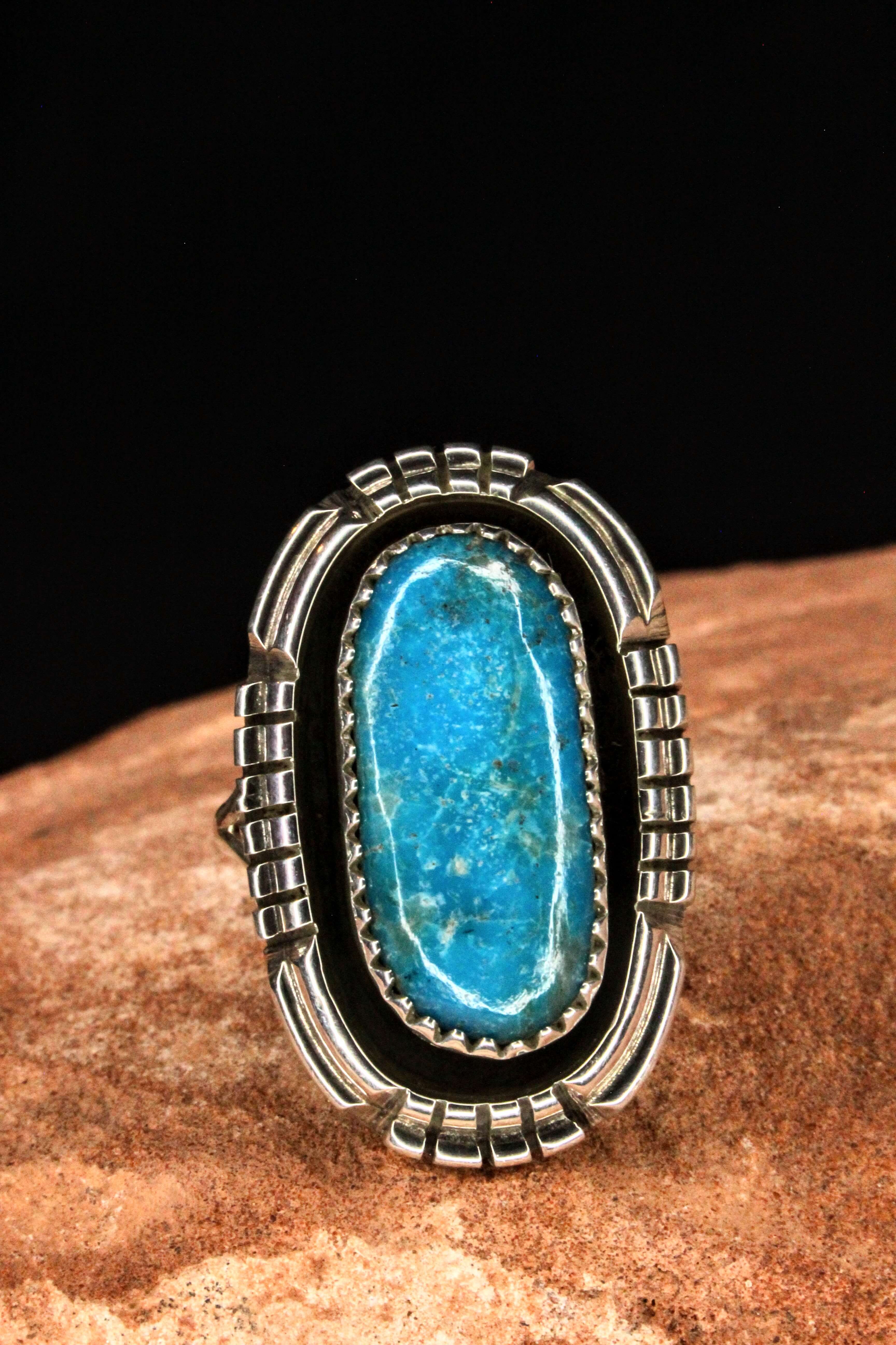Long Blue Turquoise Ring, Size 8.75