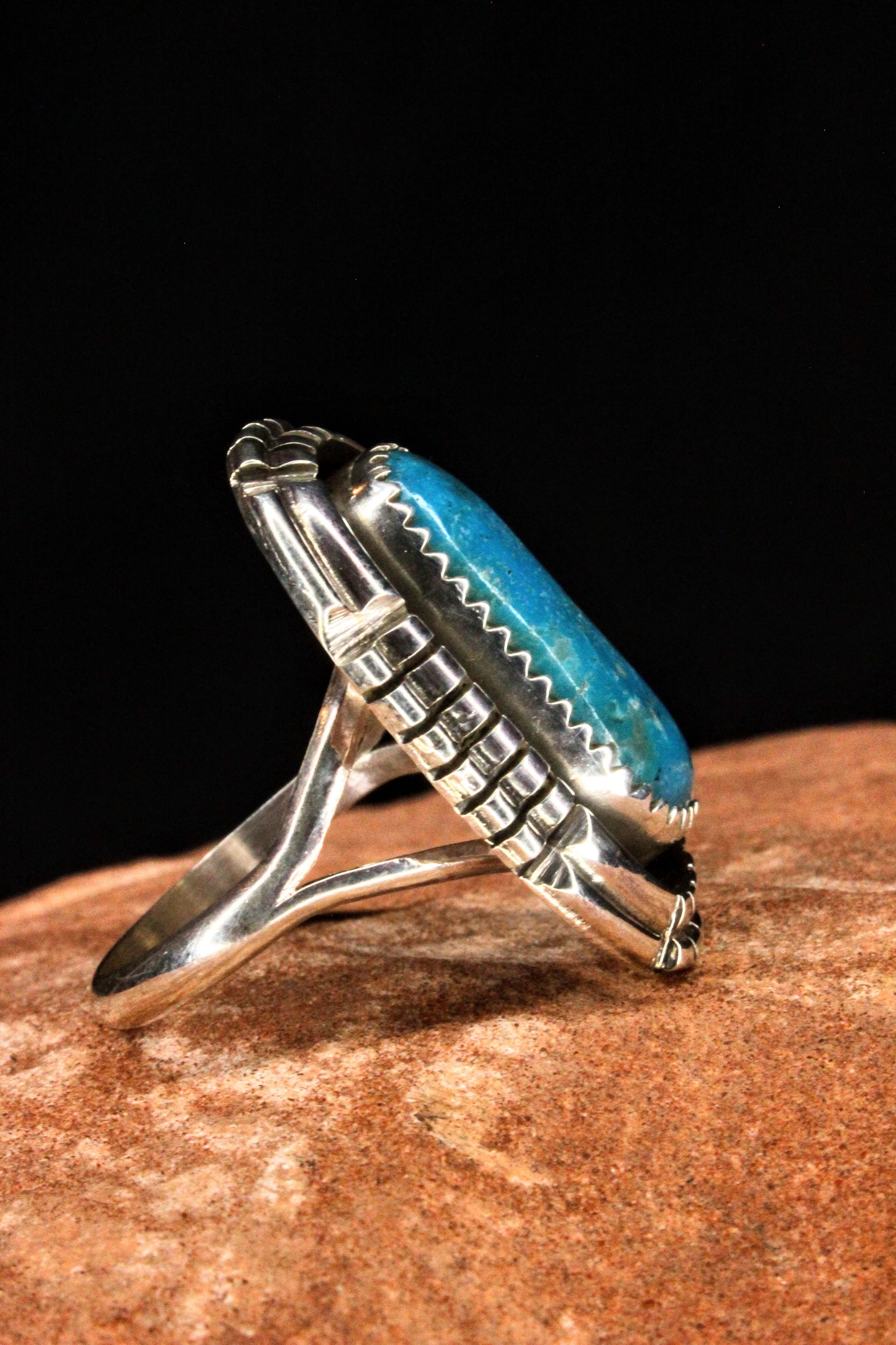 Long Blue Turquoise Ring, Size 8.75